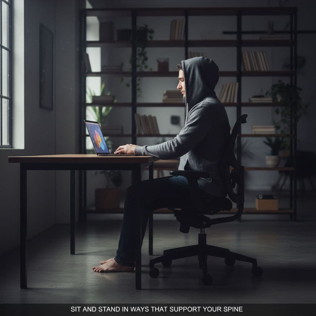 A person works at a desk while maintaining an upright seated posture with feet flat on the floor.