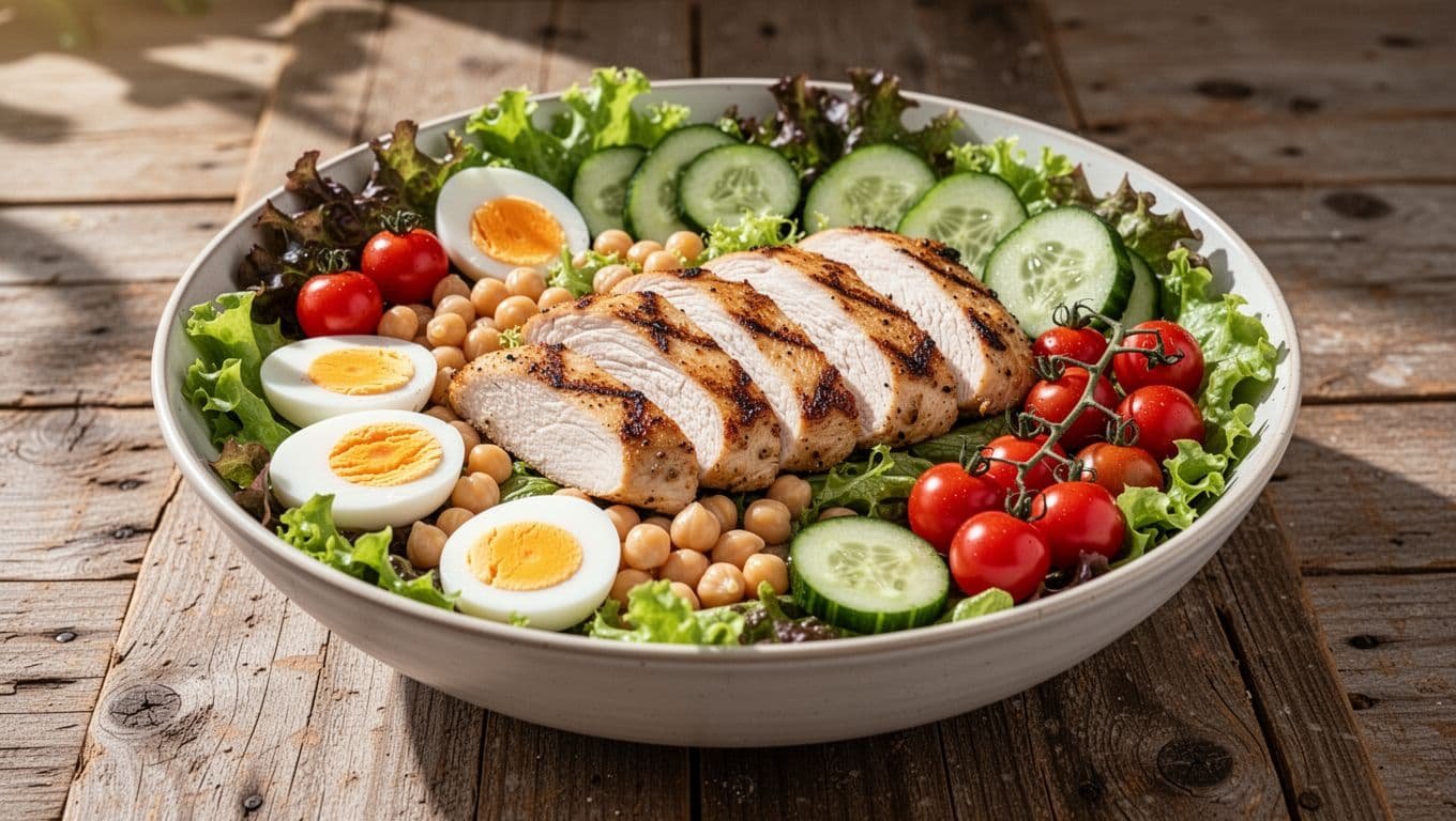 Large salad bowl on wooden table with grilled chicken slices on mixed greens, egg halves, chickpeas, cucumber slices, and cherry tomatoes.
