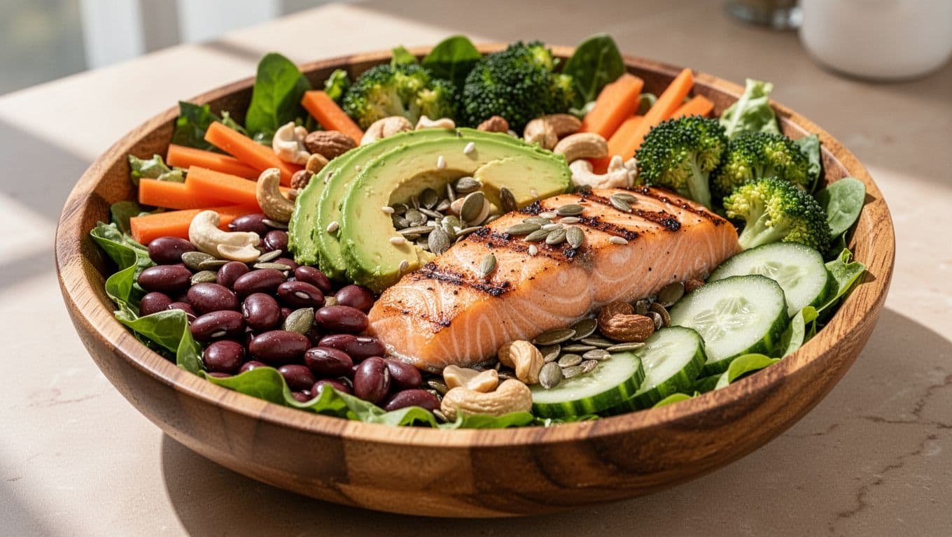 Wooden bowl on table holds leafy greens topped with grilled salmon, avocado slices, beans, nuts, seeds, carrots, broccoli, and cucumber.