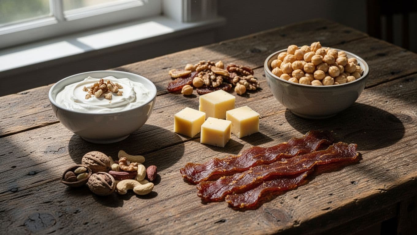 Greek yogurt with nuts, cheese cubes, mixed nuts, beef jerky strips, and chickpeas on rustic wooden table.