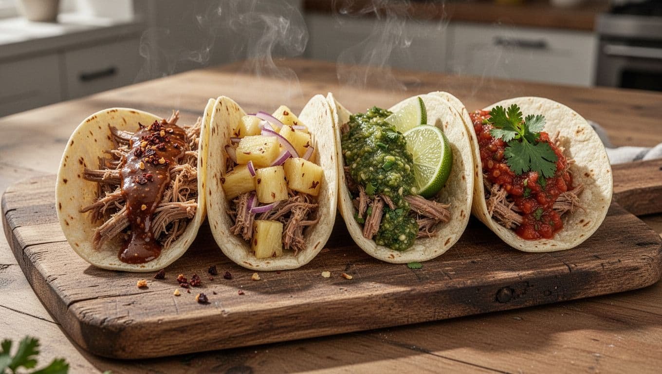 Four pulled pork tacos on rustic wooden board with chipotle, pineapple, salsa verde, and red salsa toppings, steam rising.