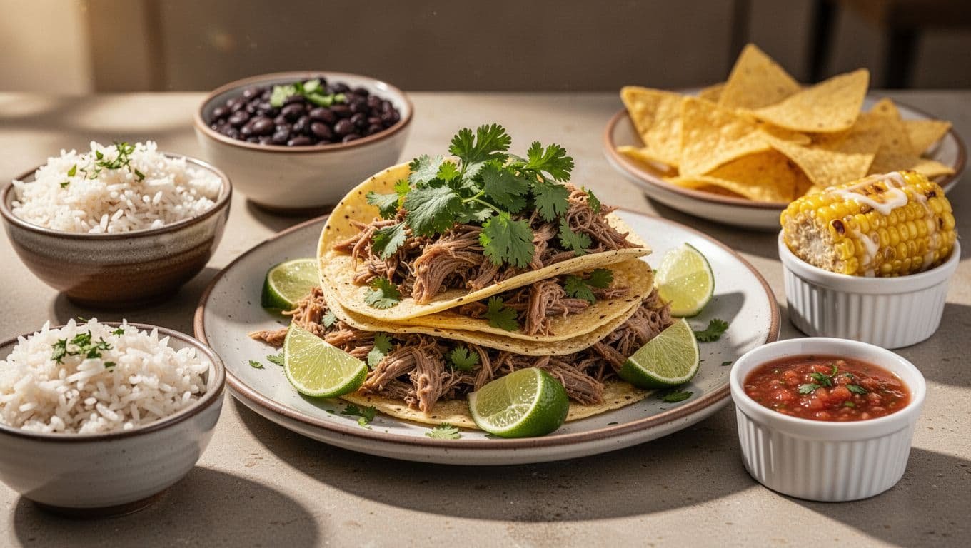 Assembled pulled pork tacos on plate with toppings, sides of rice, beans, corn on cob, chips and salsa.
