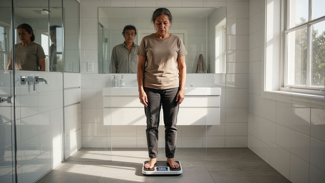 Adult stands puzzled on bathroom scale looking at abstract display in modern white-tiled bathroom.