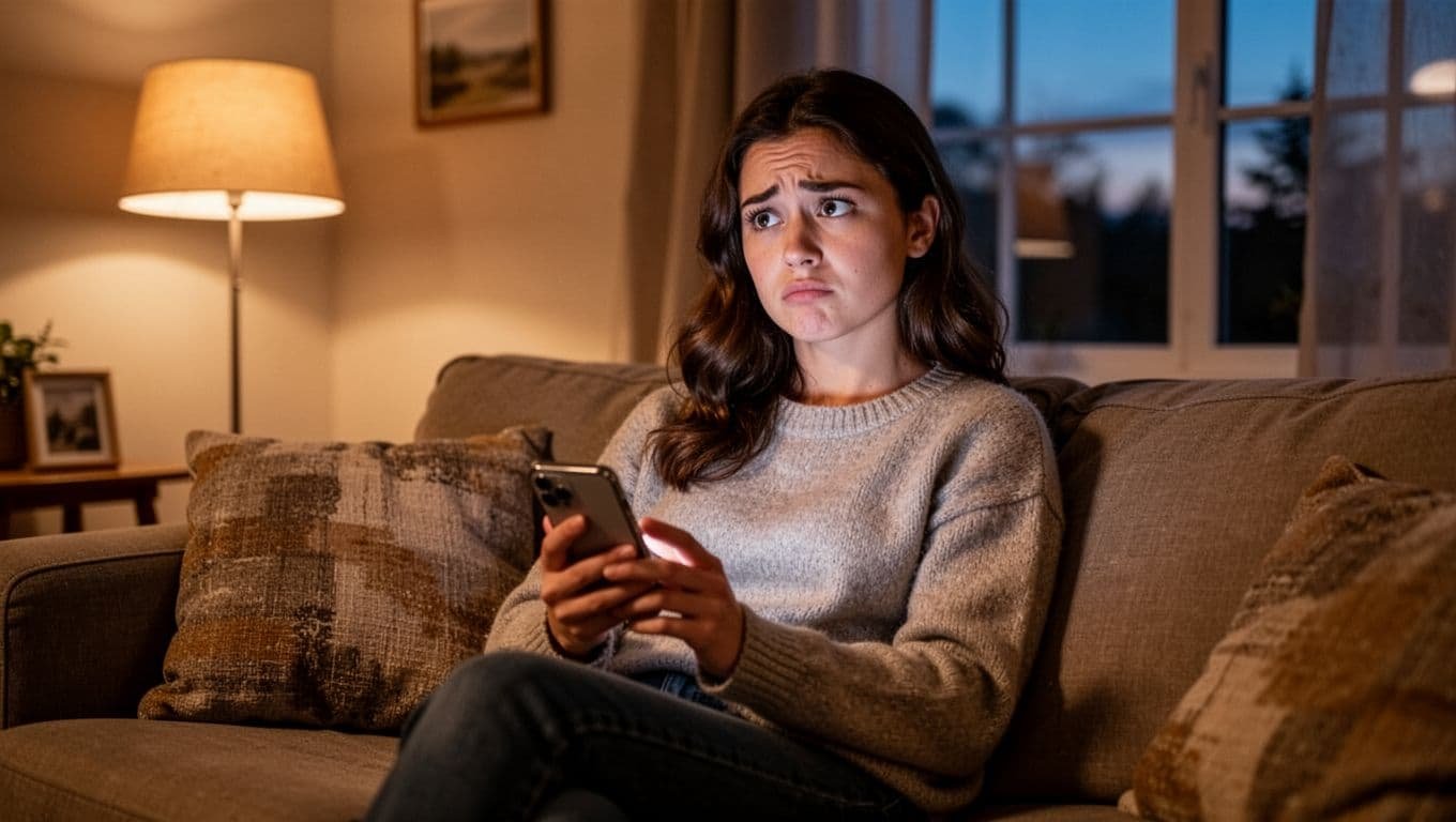 Young woman with puzzled expression sits on living room couch at dusk, loosely holding smartphone with faint heart and question mark icons on screen.