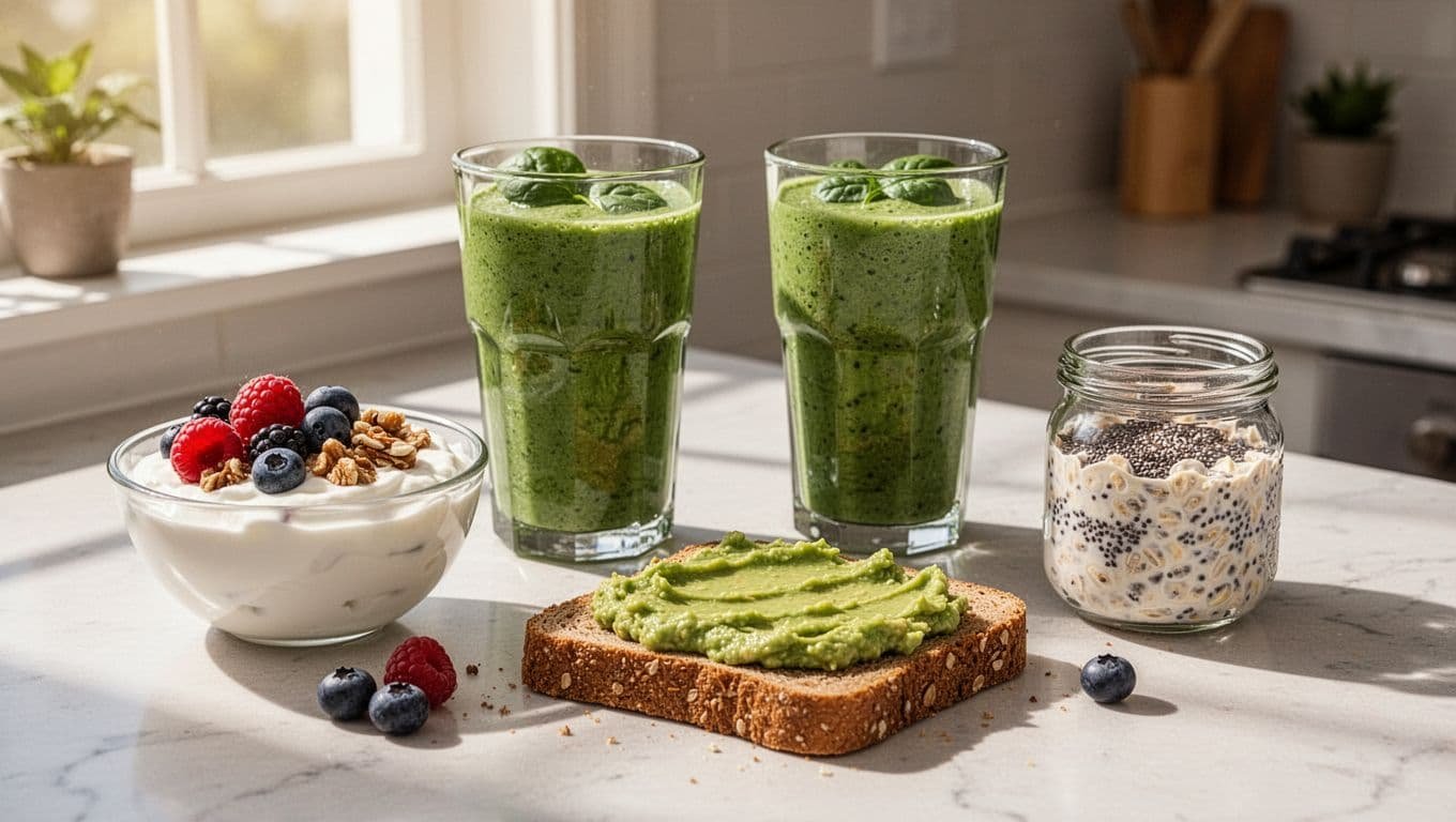 Kitchen counter shows Greek yogurt with berries and nuts, spinach smoothie, avocado toast, and overnight oats with chia seeds in morning light.