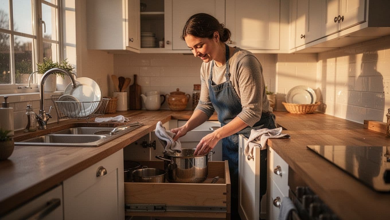 Home cook stores pot in open cabinet drawer while wiping shelf; counter clear with dishes in sink.