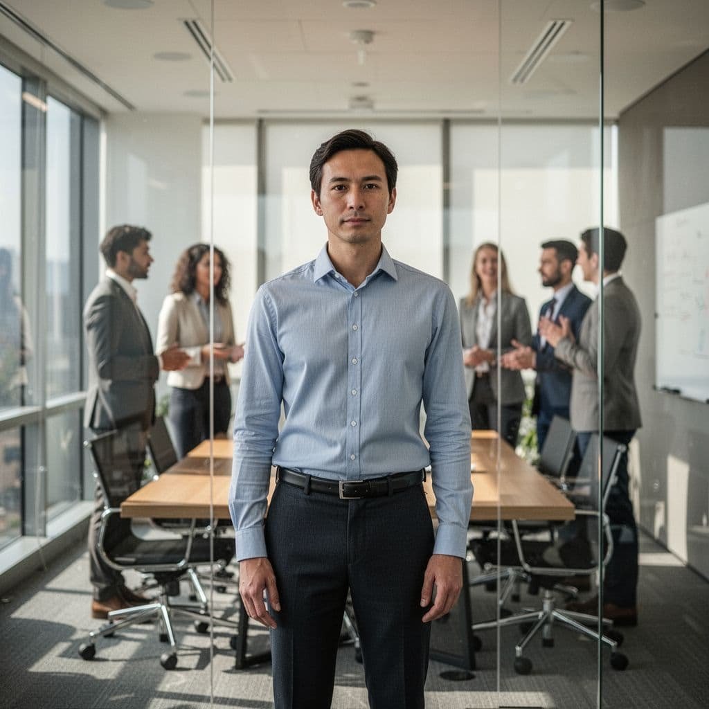 Calm person stands apart in office meeting room as colleagues talk around them.
