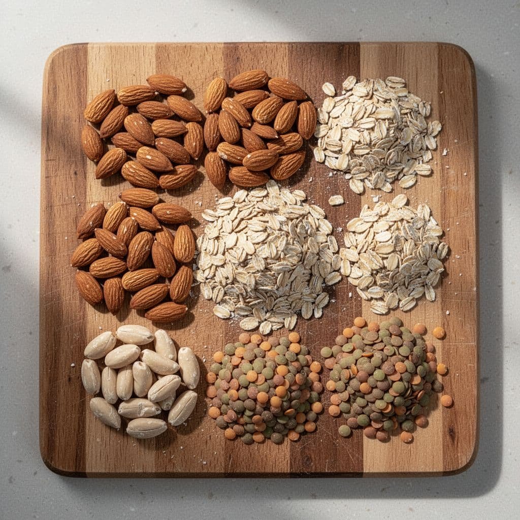 Top-down view of raw almonds, rolled oats, and dried lentils on wooden cutting board.