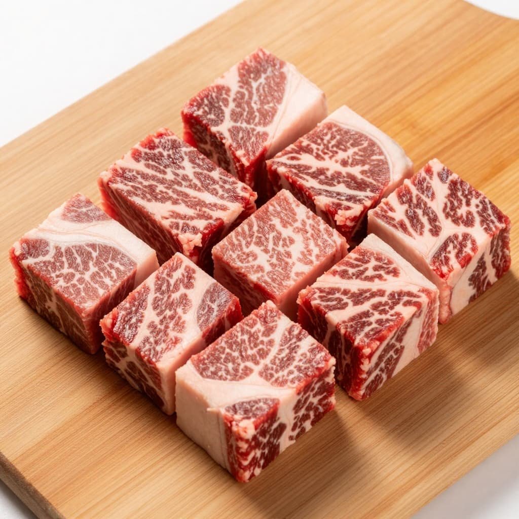Fresh, well-marbled cubes of raw beef are arranged on a rustic wooden cutting board.