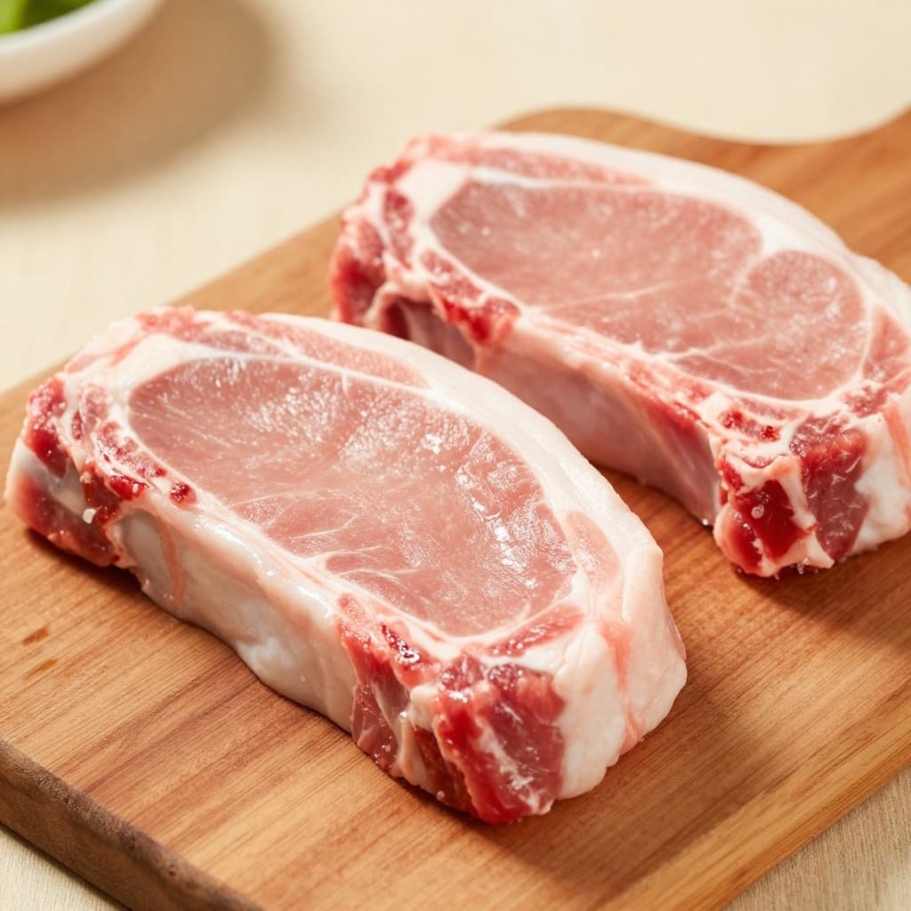 Two fresh raw bone-in pork chops resting on a rustic wooden cutting board.