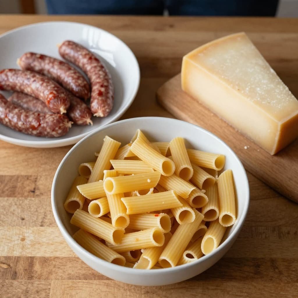 Raw ziti pasta, Italian sausages, and blocks of mozzarella and Parmesan cheese arranged on a wooden counter.
