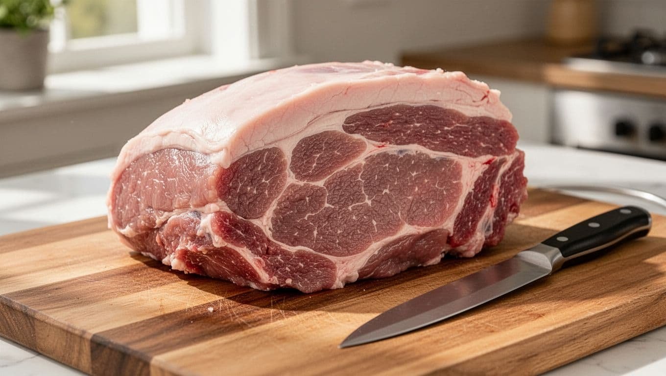 Raw pork shoulder roast with marbling and fat cap on wooden cutting board, knife nearby.
