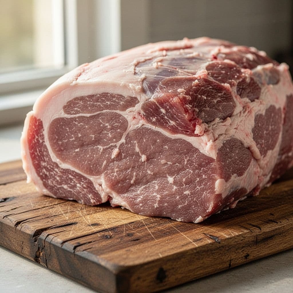 A single raw pork shoulder roast rests on a rustic wooden cutting board in natural light.