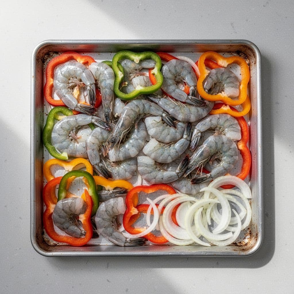 A sheet pan holds arranged raw shrimp, colorful bell peppers, and sliced onions before cooking.