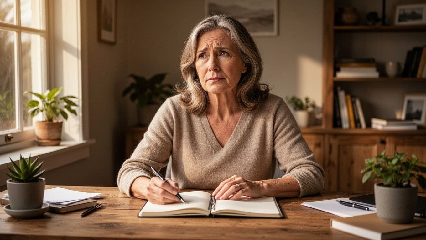 Middle-aged woman sits thoughtfully at wooden desk in home office with open notebook, pen nearby, and soft window light.