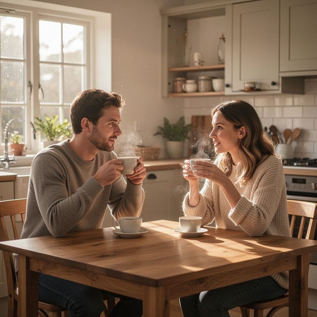 Man and woman sit at wooden kitchen table with tea mugs, conversing in sunlit home.