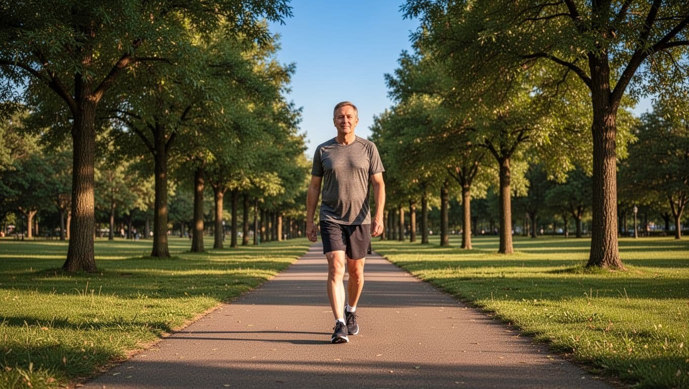 Adult in casual athletic clothes walks naturally on tree-lined park path under sunny skies with green grass.