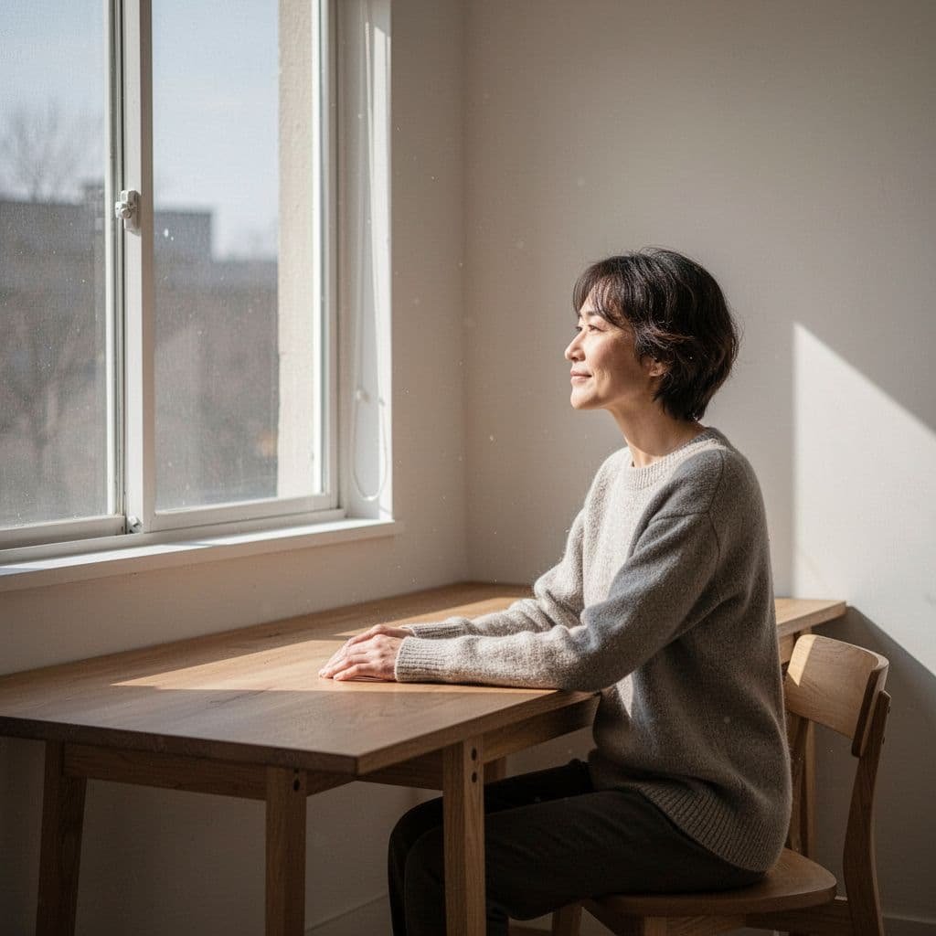 Person sits at wooden desk gazing out window with relaxed expression in sunlit minimalist room.