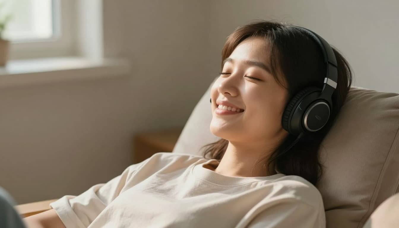 Person relaxes in chair wearing headphones, smiling slightly in soft indoor sunlight.