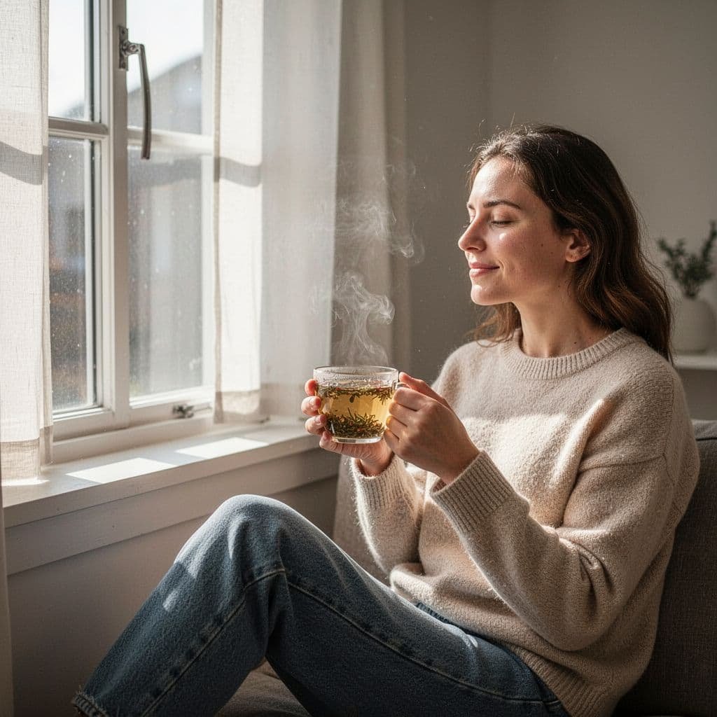 A person sits relaxed by a sunny window holding a cup of herbal tea.