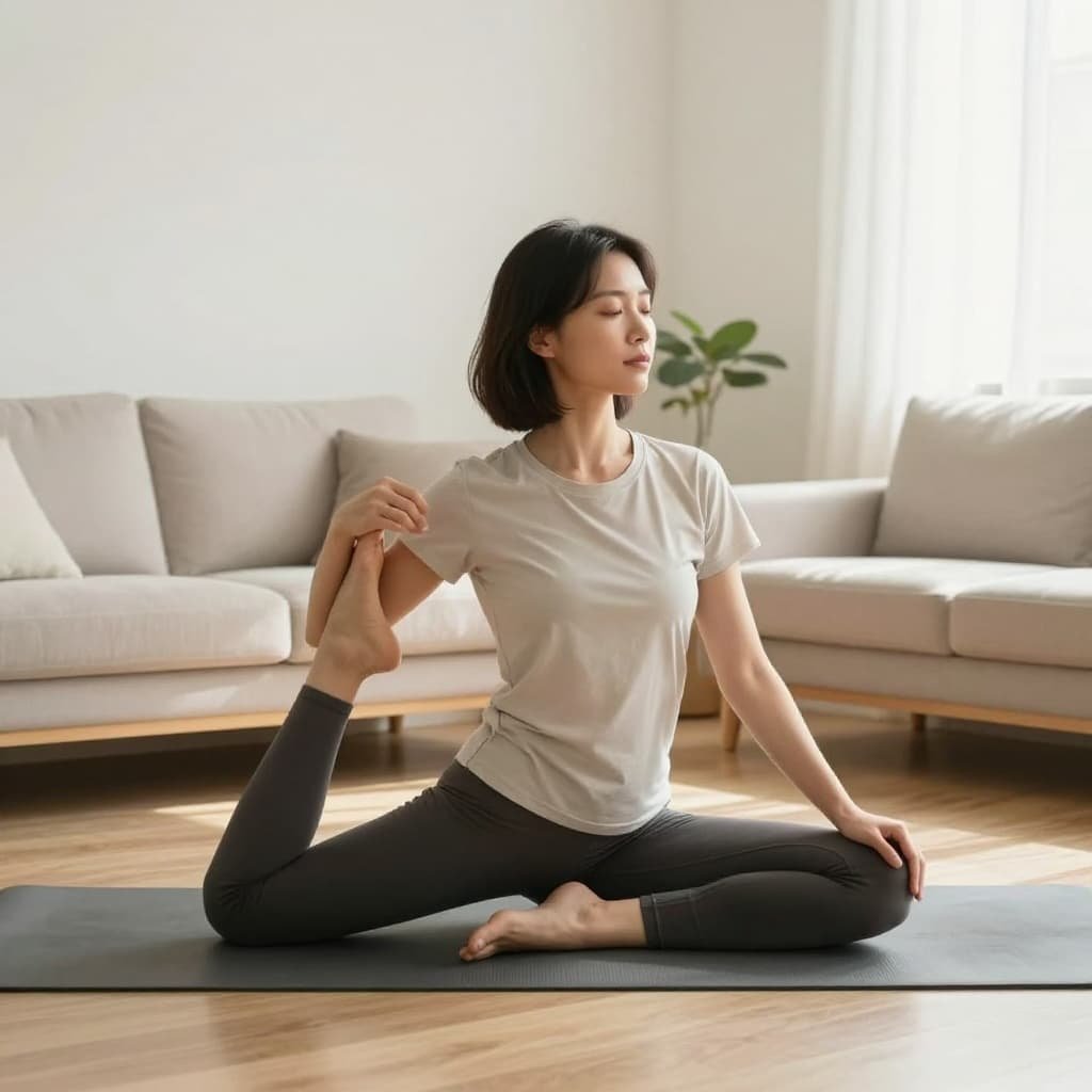 Person in comfortable clothes does gentle yoga poses in airy, sunlit minimalist living room.