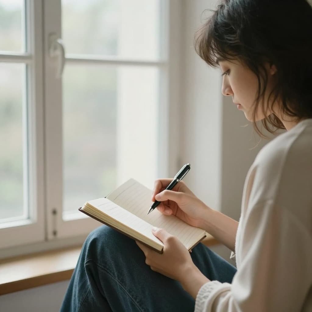 A person sits by a sunny window holding a pen and notebook with a peaceful relieved expression.