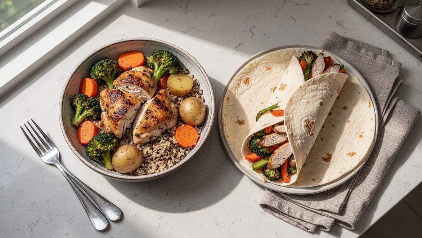Overhead view of kitchen counter with roasted chicken quinoa bowl and tortilla wrap using same veggies.