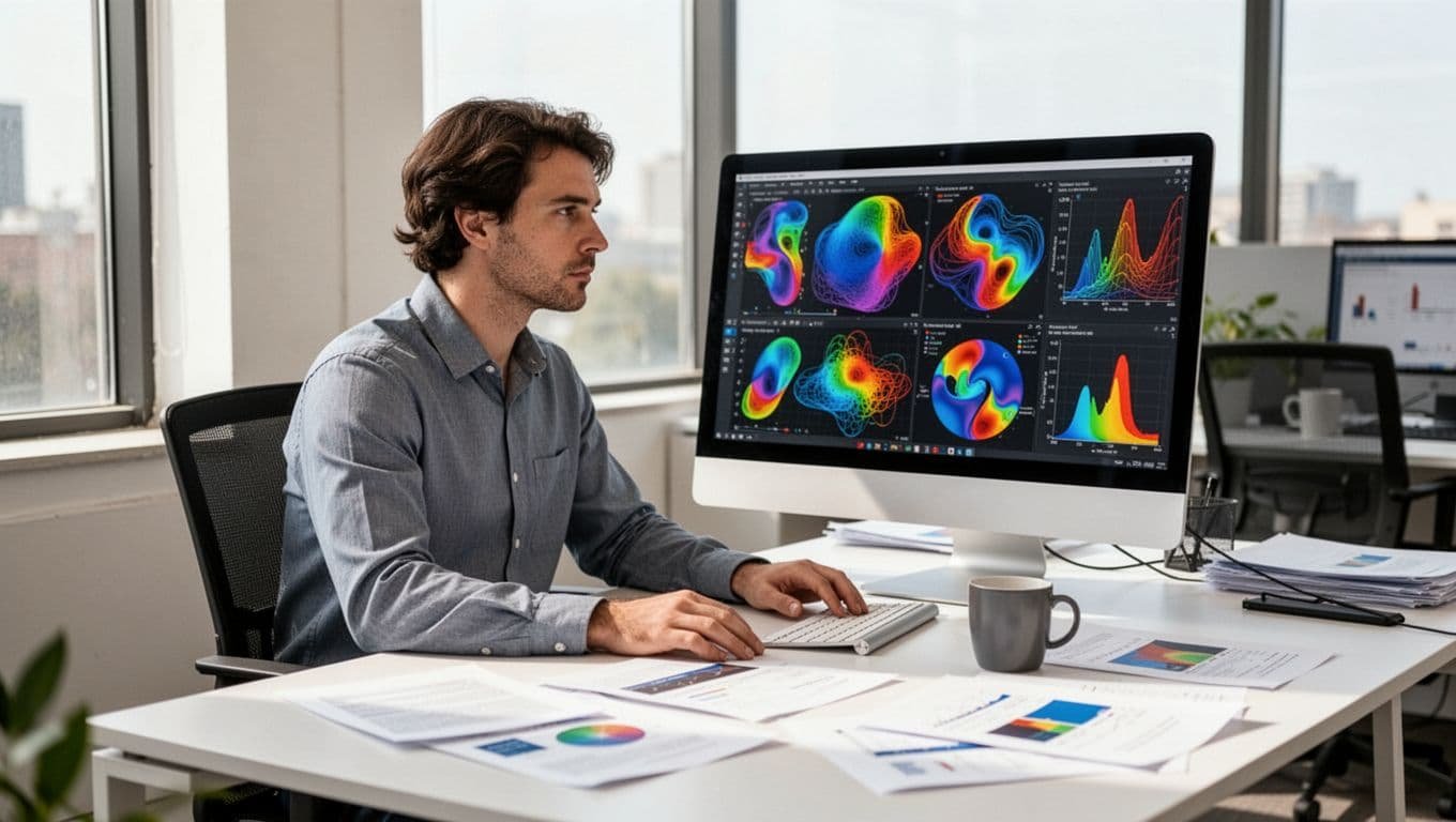 Researcher in bright office examines colorful marriage and divorce trend charts on computer screen and papers.