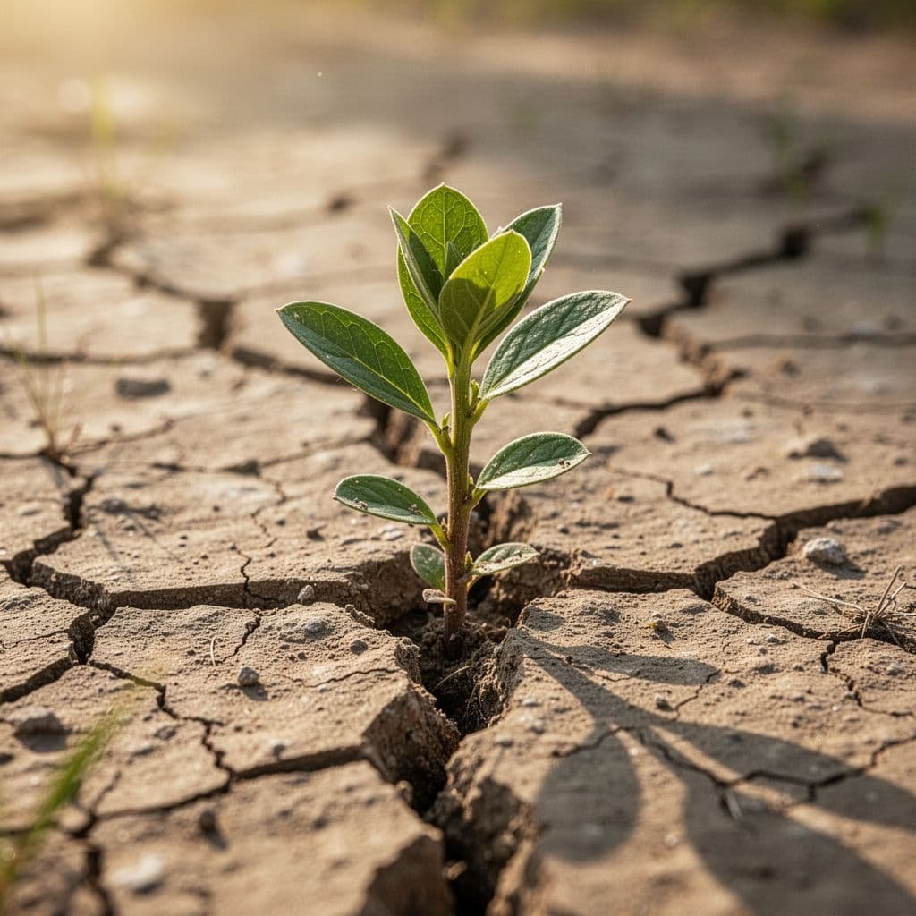 A small green plant grows through a narrow crack in the dry, sunlit soil.