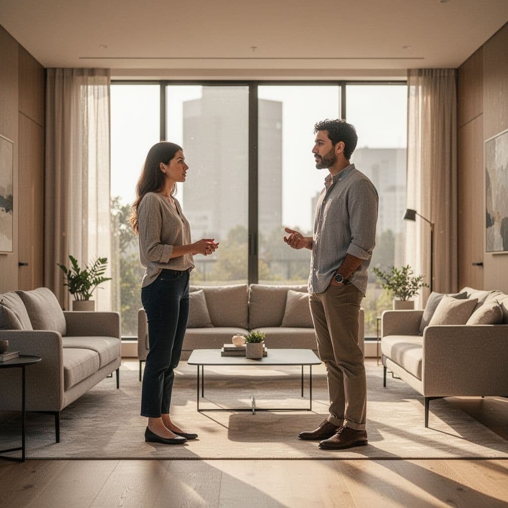 Man and woman stand in sunlit modern living room, conversing calmly at comfortable distance.
