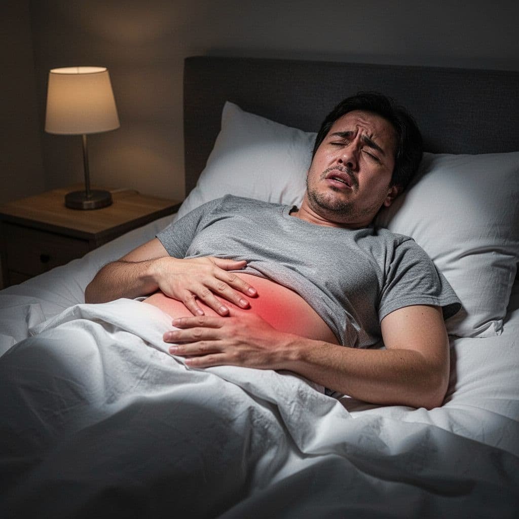 Person lies uncomfortably in dimly lit bedroom at night, clutching stomach.