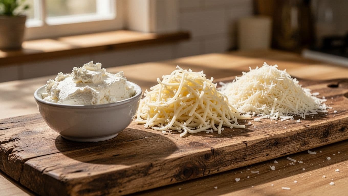 Bowl of ricotta cheese, shredded mozzarella pile, and grated parmesan on wooden board in kitchen.
