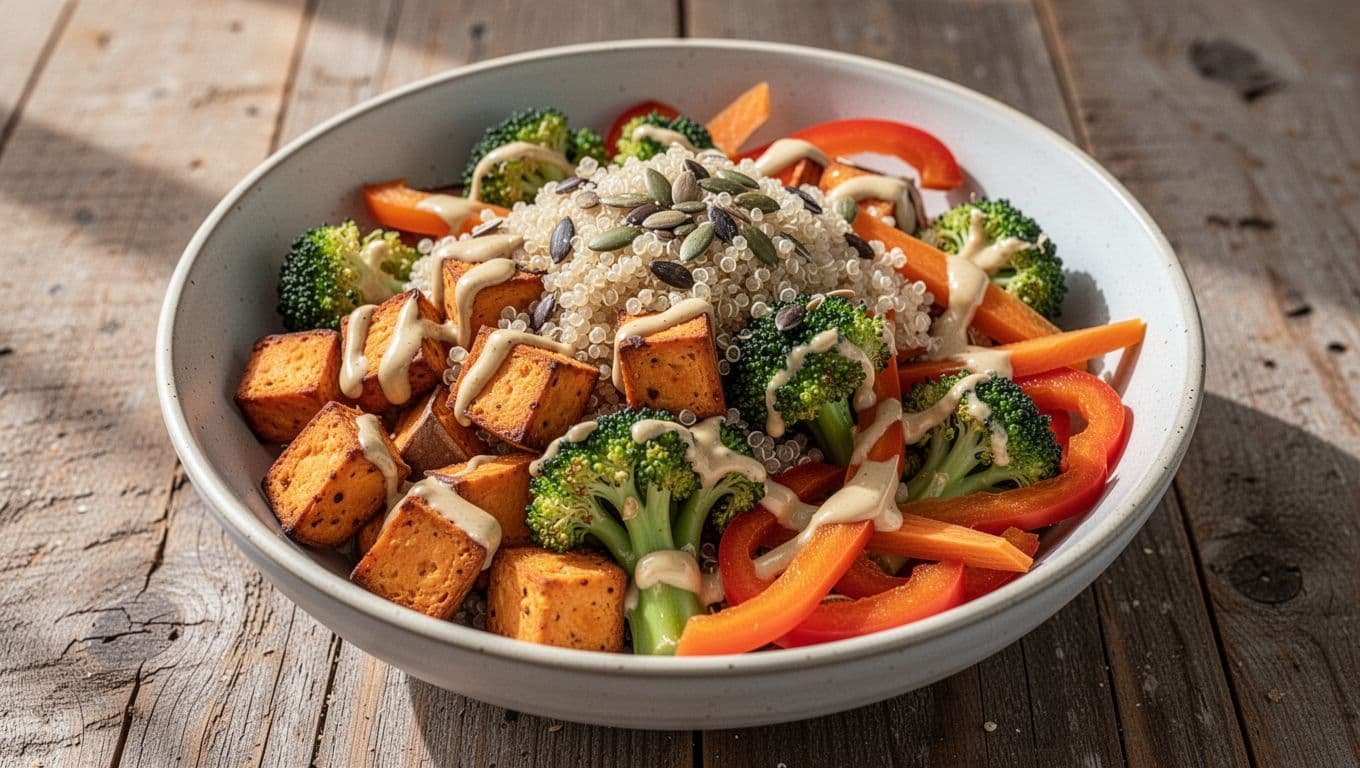 Overhead view of wooden bowl with roasted tofu, sweet potato, broccoli, carrots, bell peppers, quinoa, seeds, and tahini drizzle.