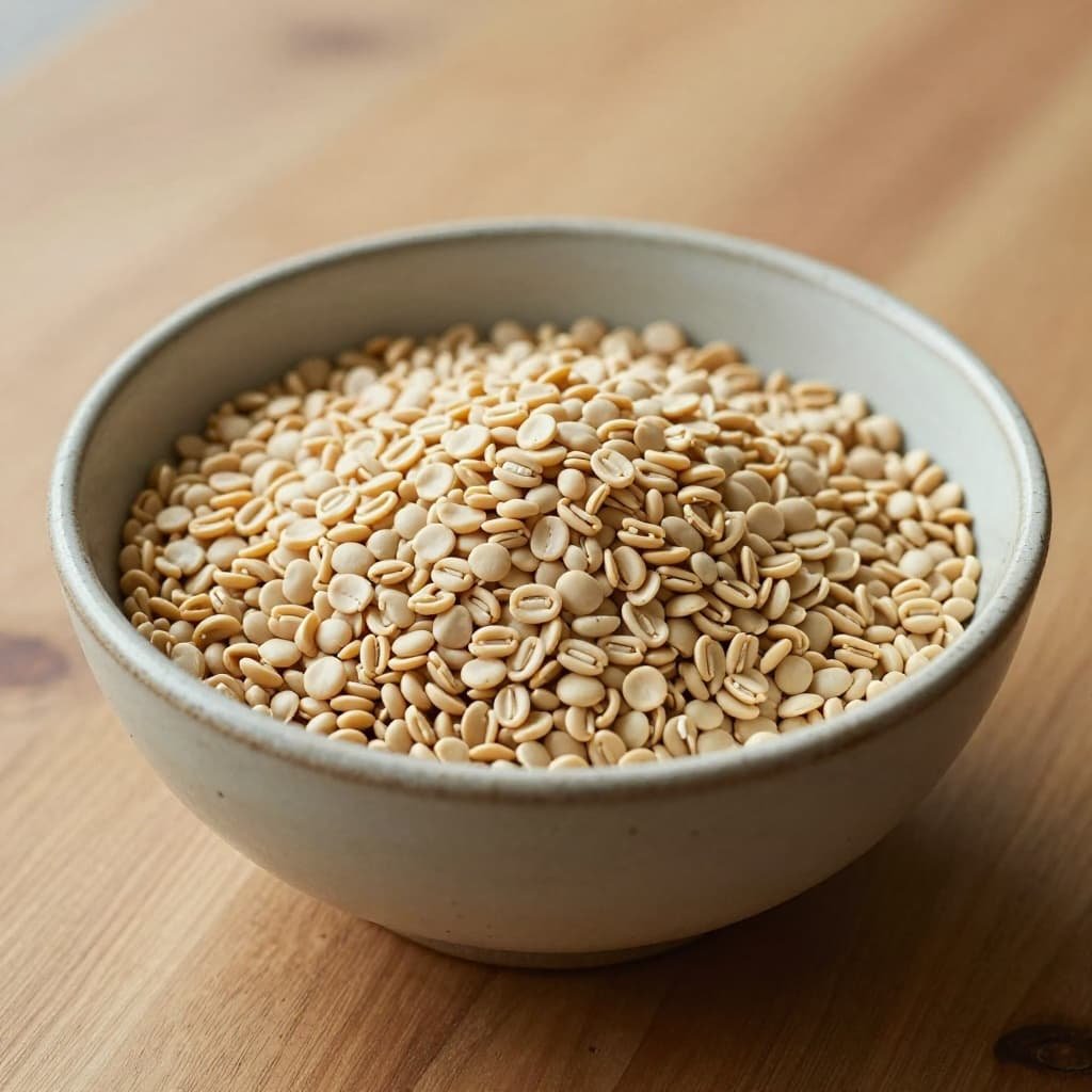 A rustic ceramic bowl filled with raw dried cannellini beans sits on a wooden table.
