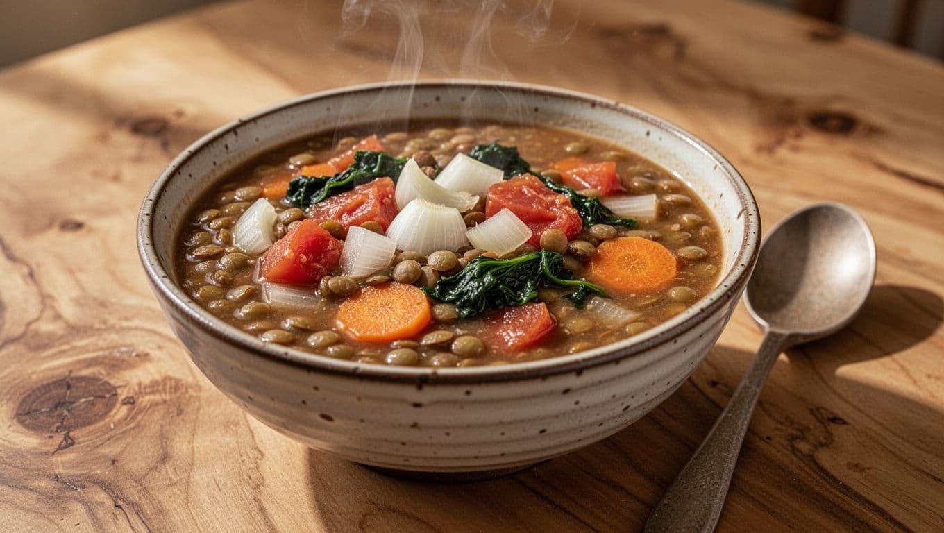 Rustic bowl of thick lentil stew with onions, garlic, tomatoes, carrots, and greens on wooden table, steam rising, spoon nearby.