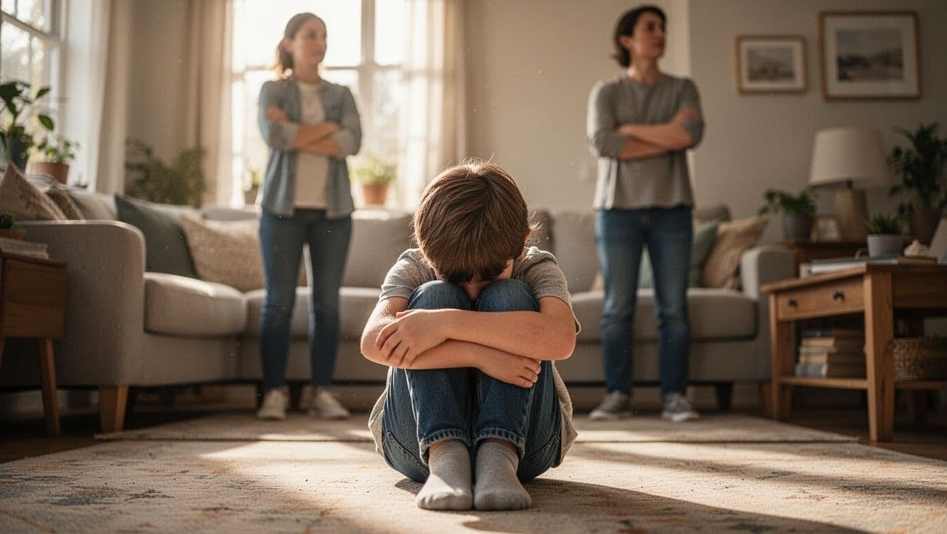 Young child sits sadly on living room floor hiding face with arms around knees; parent stands in background arms crossed looking away.