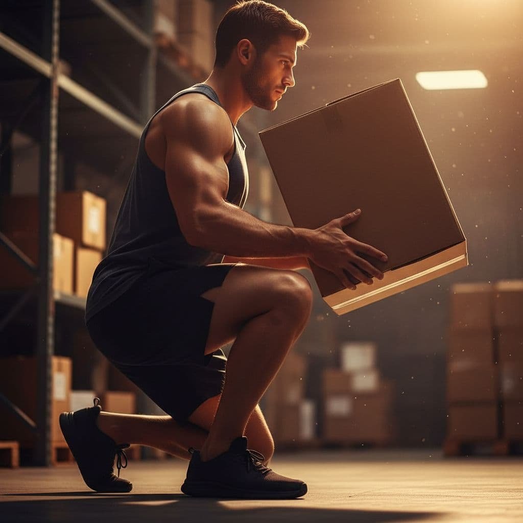 A person demonstrates proper lifting form by bending their knees and holding a box close to their chest.