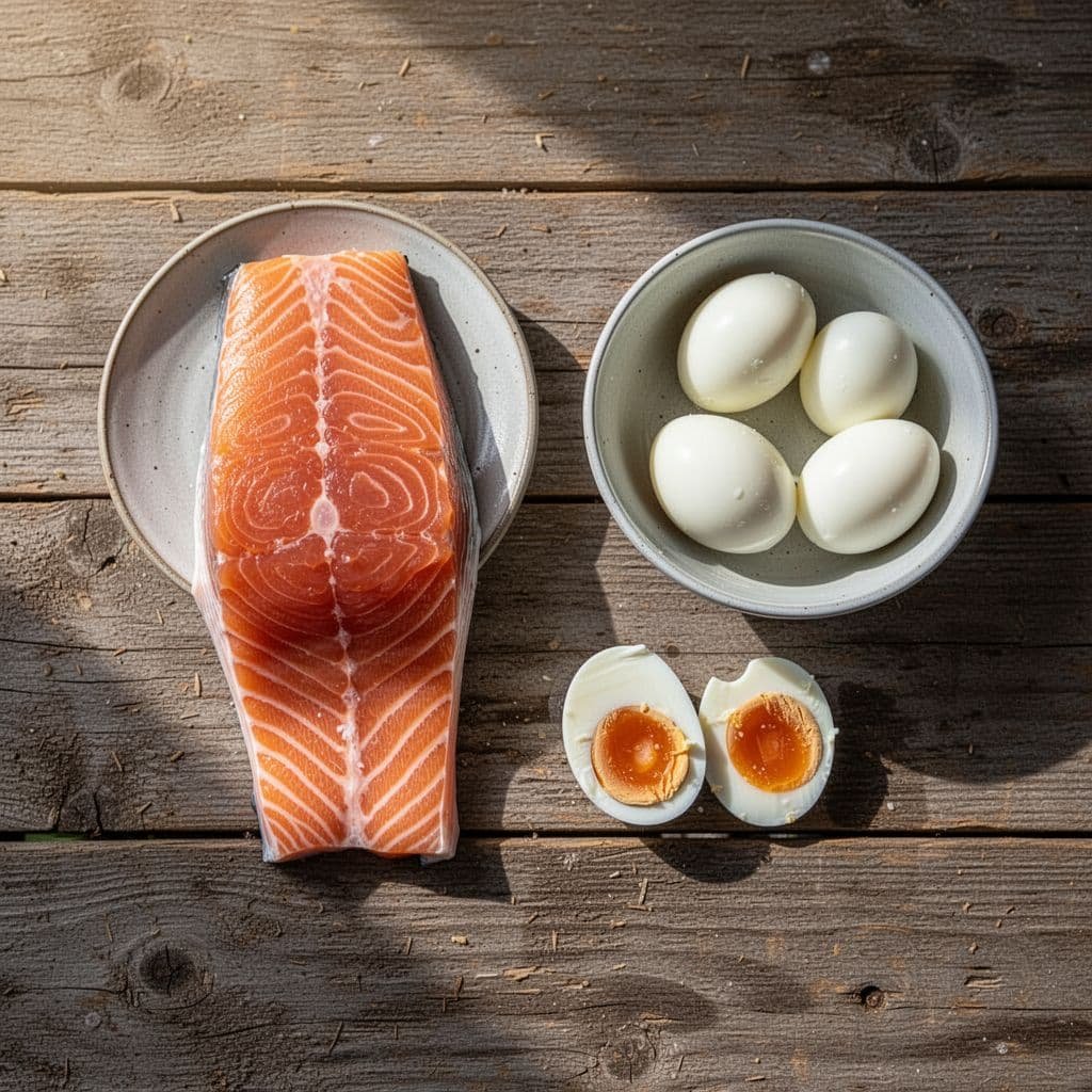 A top-down view of a salmon fillet and boiled eggs resting on a rustic wooden table.