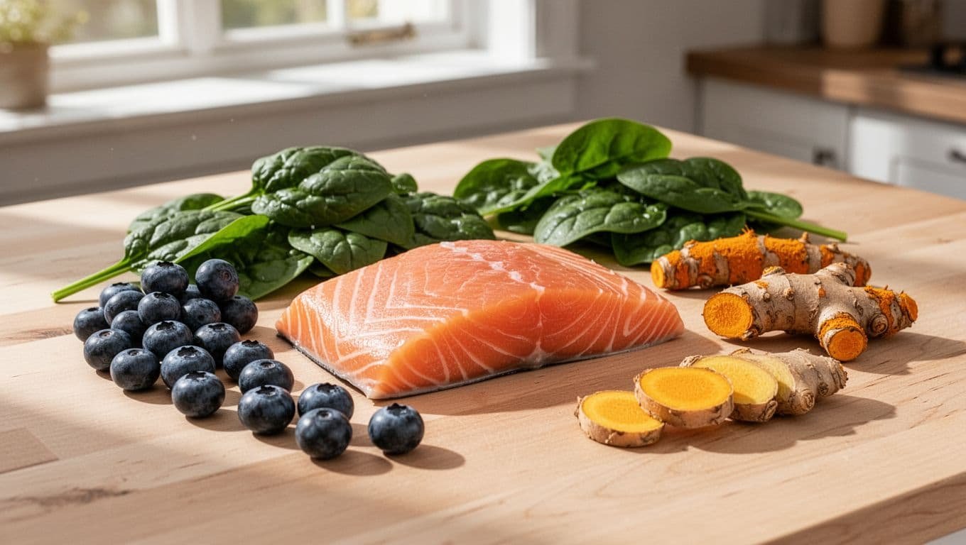 Salmon fillet, blueberries, spinach leaves, turmeric root, and ginger on a light wooden table in a sunlit kitchen.