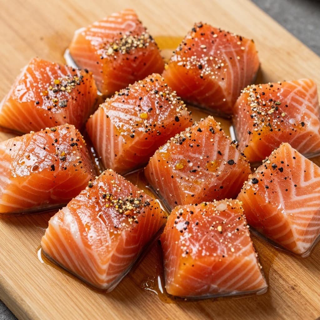 Fresh salmon cubes are coated in aromatic spices and oil on a rustic wooden cutting board.