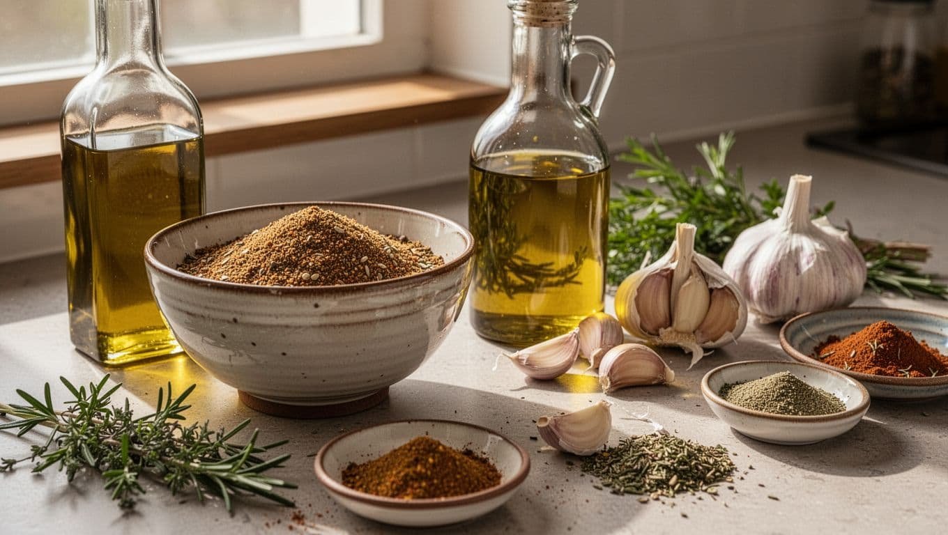 Bowl of seasoning mix next to olive oil bottle, garlic cloves, herbs, and spices on kitchen counter.