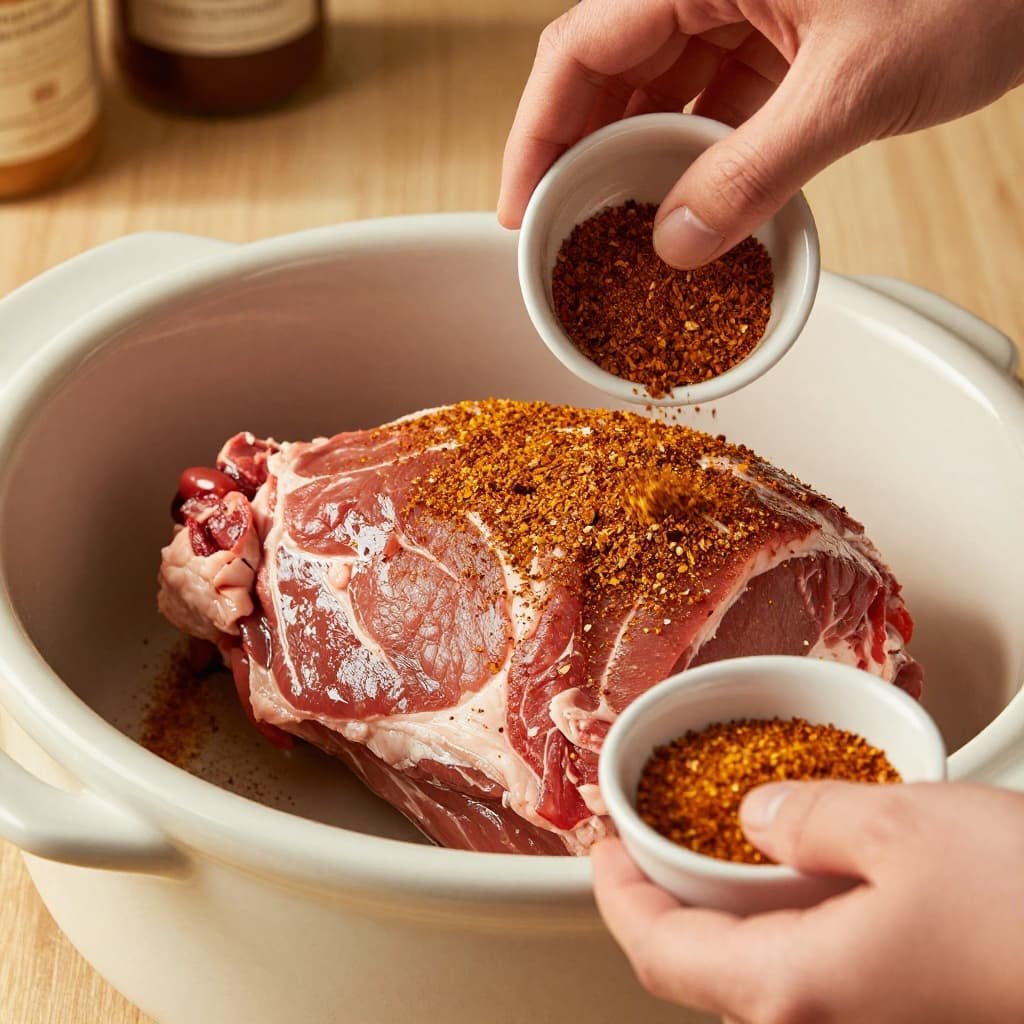 Hands sprinkle a dry spice rub onto a raw pork shoulder roast inside a ceramic slow cooker.