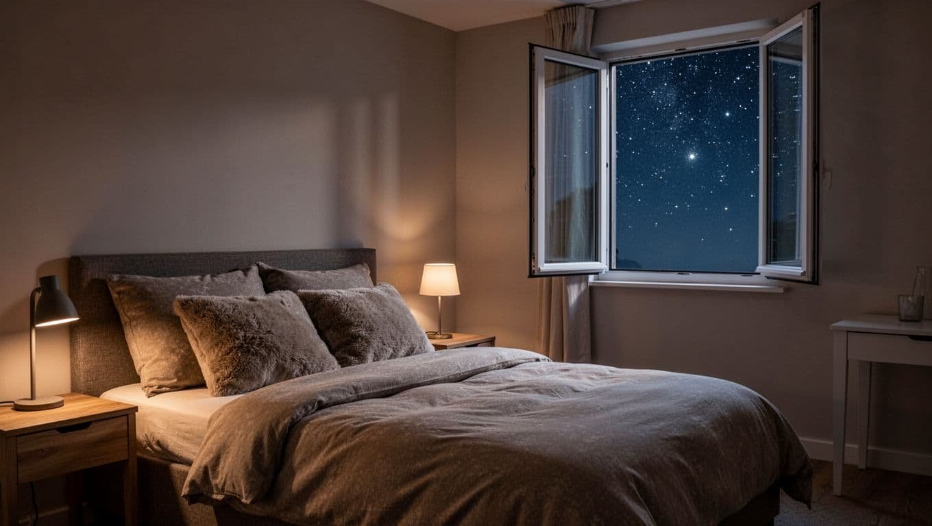 Empty bedroom features neatly made bed, bedside lamp glow, and starry sky through slightly open window.