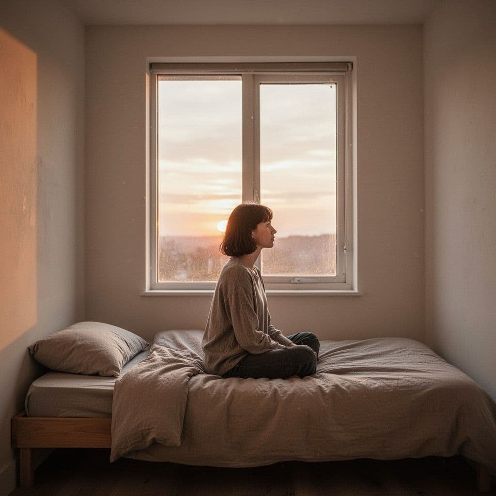 Person sits calmly by window at sunrise, soft light illuminating serene face in minimalist bedroom.