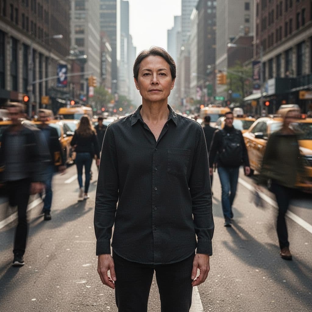 A single person stands calmly with serene expression in blurred busy urban setting.