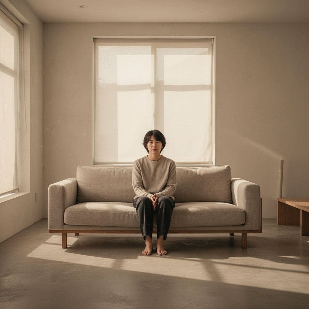 A person sits calmly in a minimalist living room with soft sunlight streaming through a window.