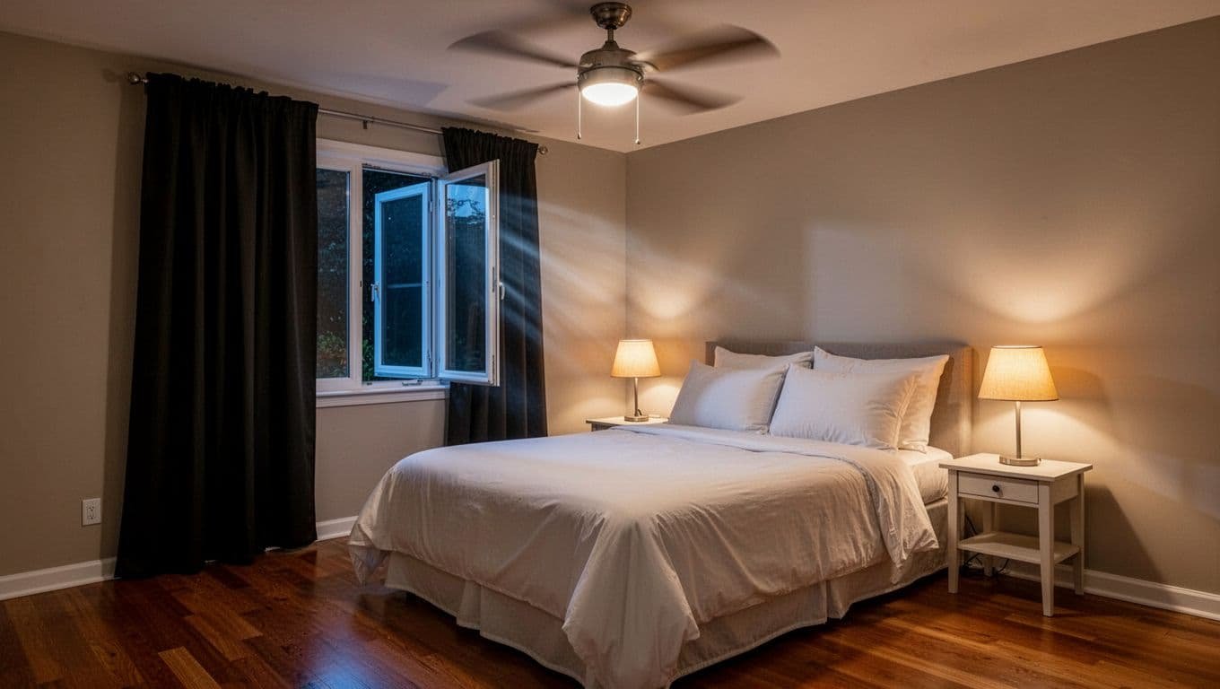 Dimly lit minimalist bedroom with made bed, bedside lamp, blackout curtains, ceiling fan, and open window.