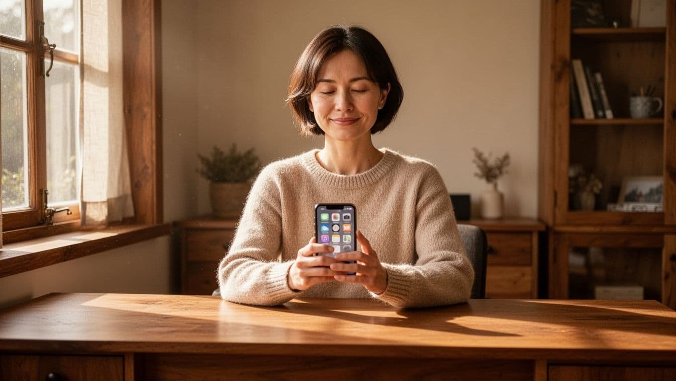 Short-haired woman sits calmly at wooden desk in sunlit home office, holding phone with notifications peacefully.