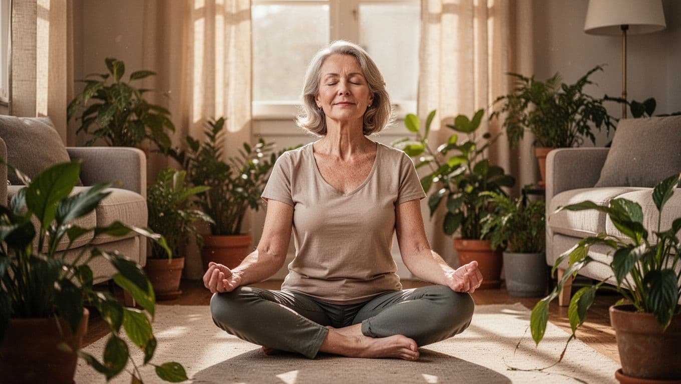 Middle-aged woman sits cross-legged on living room floor amid plants, eyes closed peacefully.