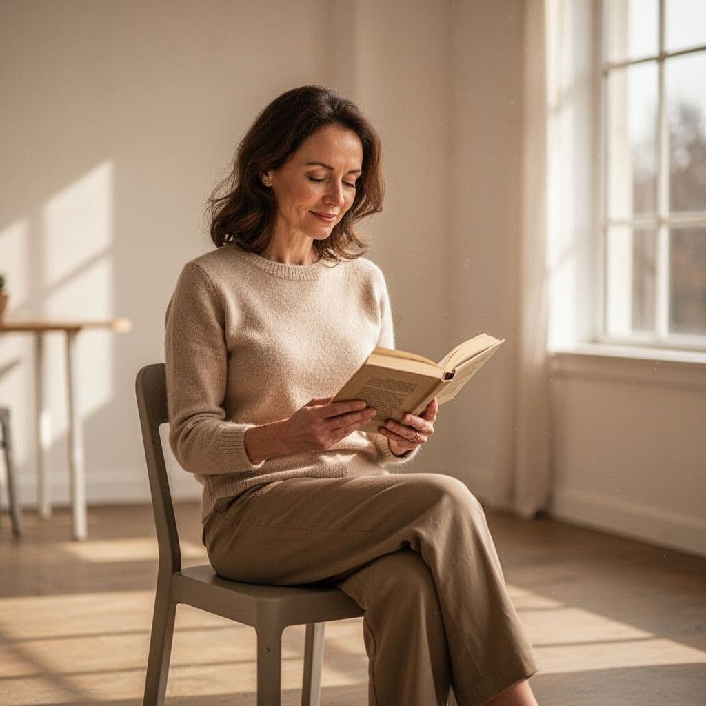 Calm woman sits in sunlit room reading book with peaceful expression.